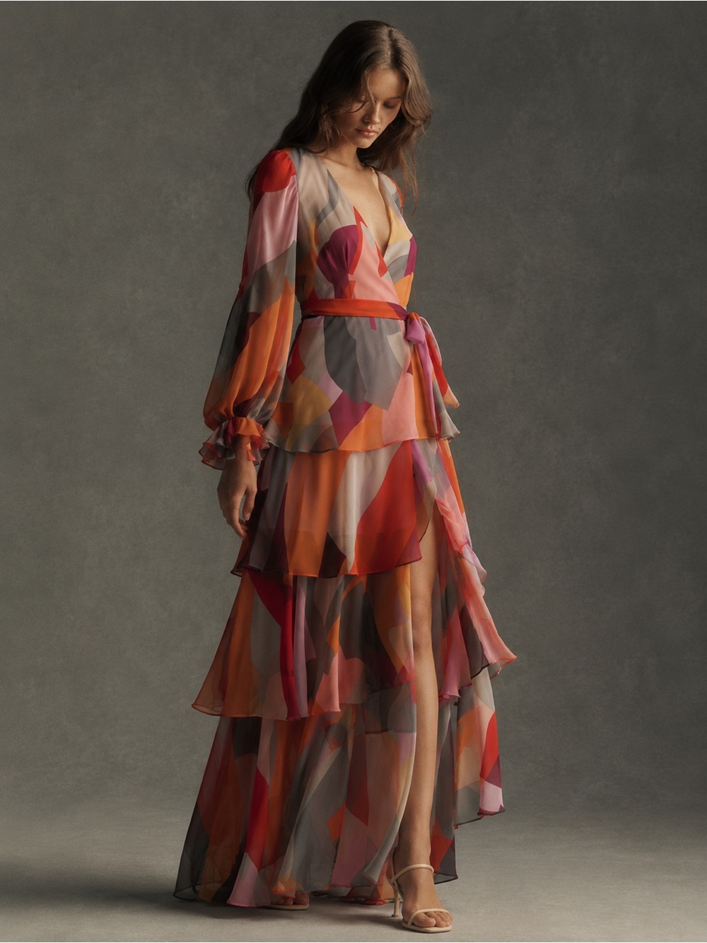 Anthropologie Hutch | Romantic Abstract Long Sleeve Tiered Wrap Maxi Dress ~ XS